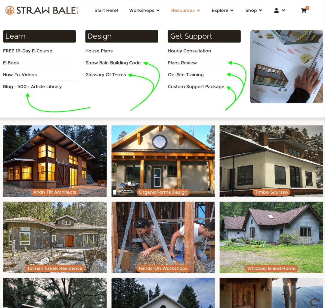 Strawbale.com New Resources page navigation example